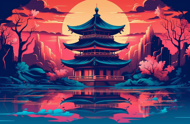 中国风山水凉亭亭台楼阁满月圆月红色的夜空下宁静的湖面插画,插画/手绘图,插画/手绘图库,插画/手绘图下载,插画/手绘